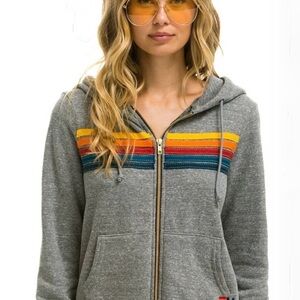 Aviator Nation Gray Zip Hoodie with Retro Yellow Orange red white stripes